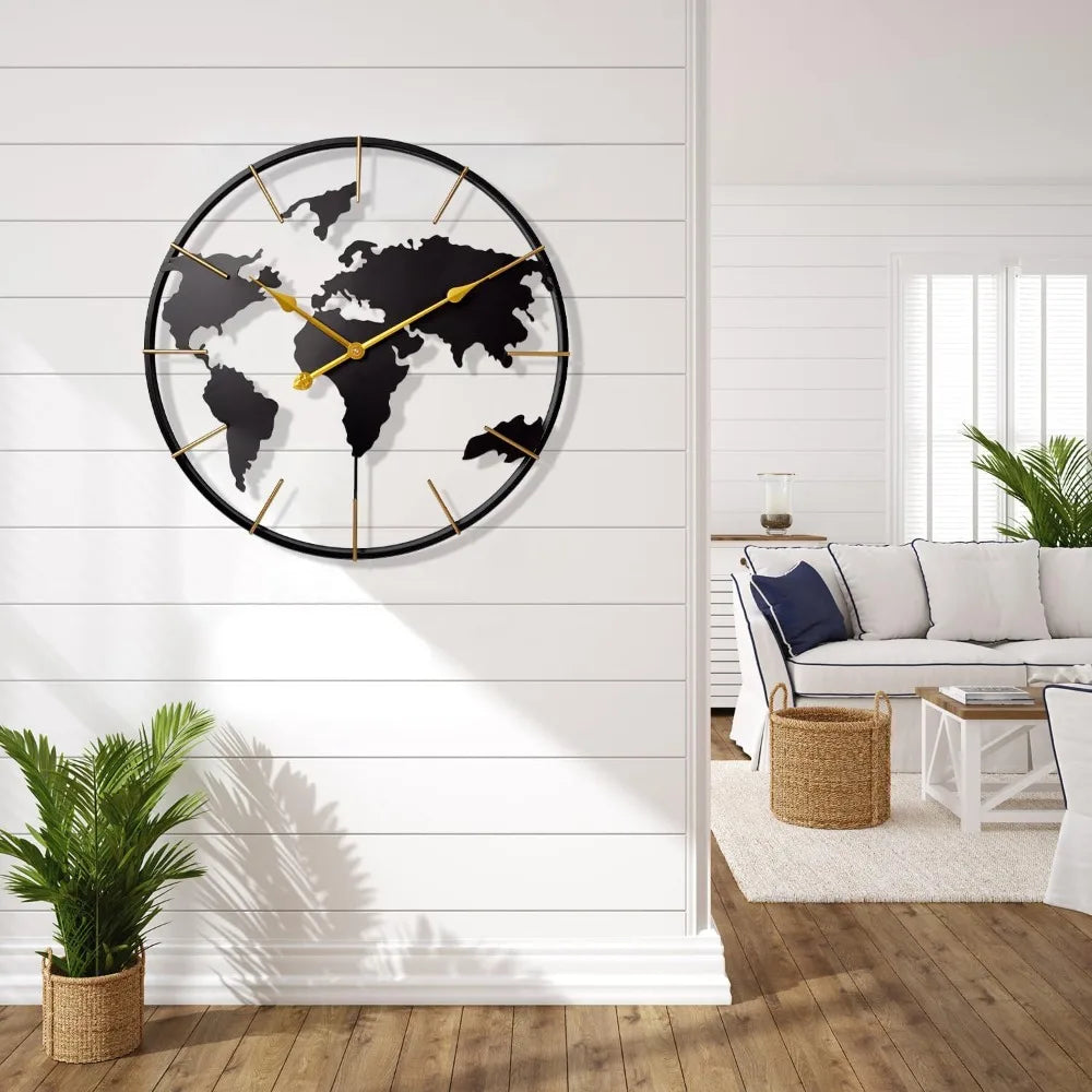 World Map Wall Clock Metal Minimalist Modern Round Silent Battery Operated