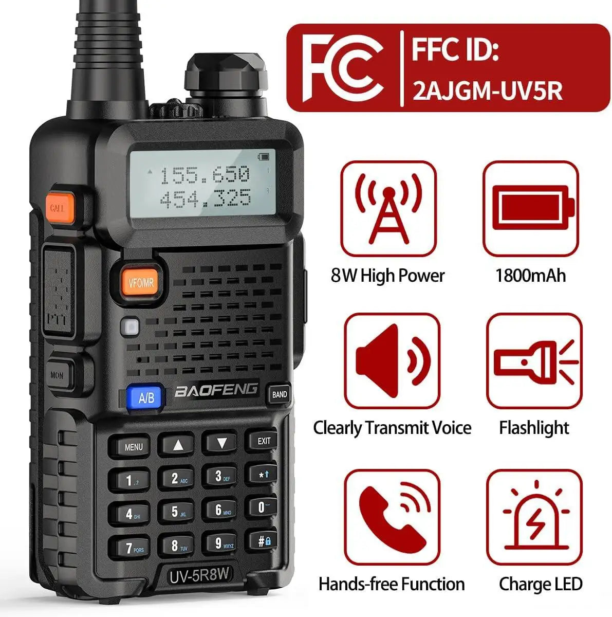 Baofeng UV5R 8W Dual Band Walkie Talkie VHF UHF 1800mAh Battery