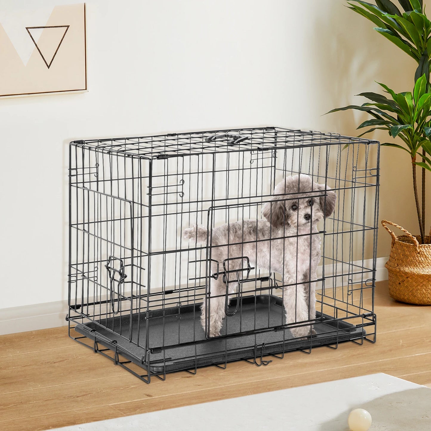 JHK Extra Large Double Door Folding Metal Dog Cage With Pan
