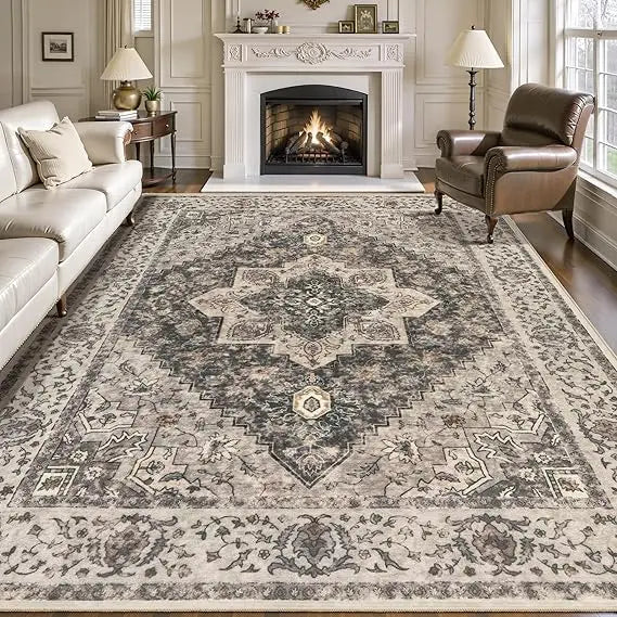Vintage 8x10 Area Rug For Living Room Washable Indoor Non Slip Distressed Brown Grey Print Design
