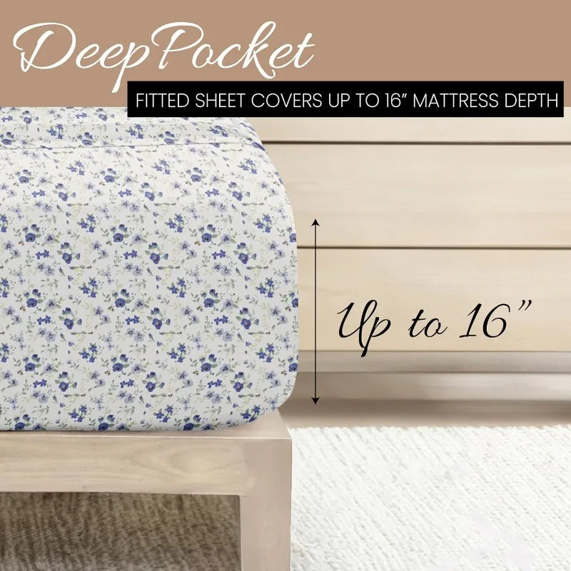 4 Piece Queen Sheet Set (Light Blue Floral) - Sleep Better Than Ever with These Ultra-Soft & Cooling Bed Sheets