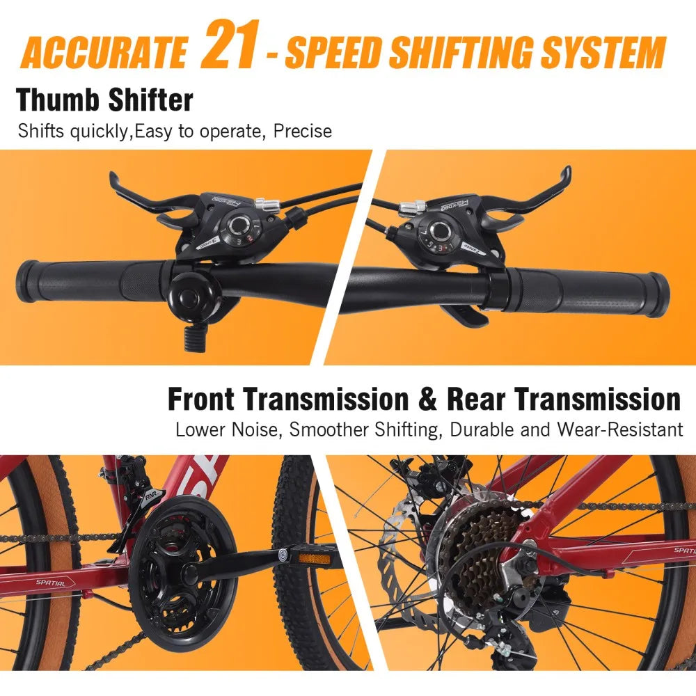 Spatial 24 Inch Mountain Bike 21 Speed Aluminum Frame MTB With Dual Disc Brakes For Teens And Adults