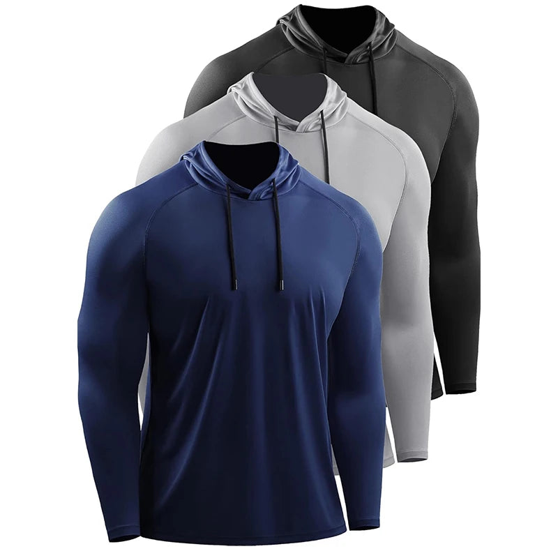 Mens Hooded Running Long Sleeve Shirt Elastic Jersey Gym Fitness Top