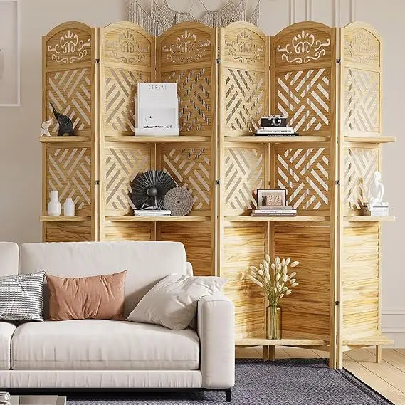 Natural Wood Carved Folding Screen 6 Panel Double Hinges