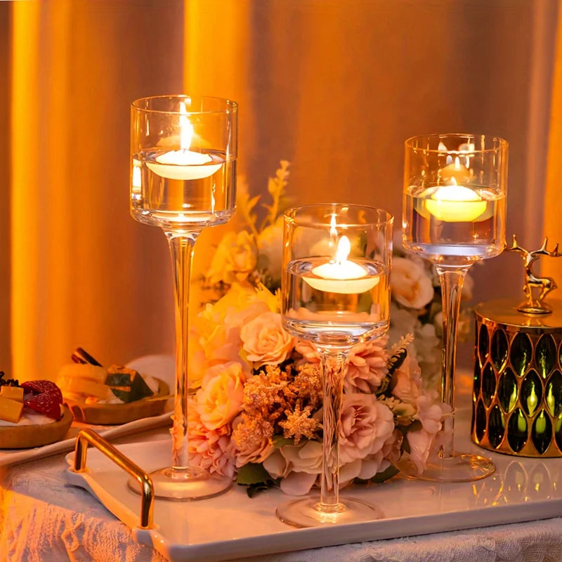 Set Of 3 Glass Tall Tea Light Holders Elegant Clear
