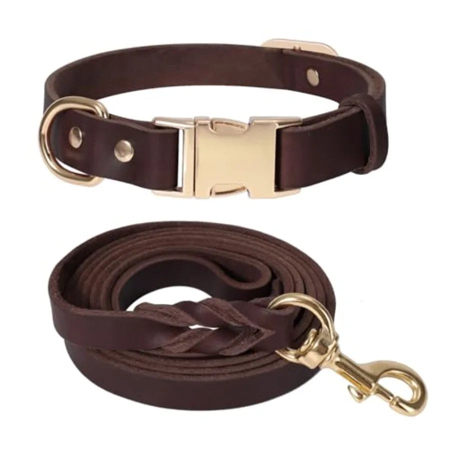 6Foot Heavy Duty Leather Dog Collar And Leash Set With Metal Buckle