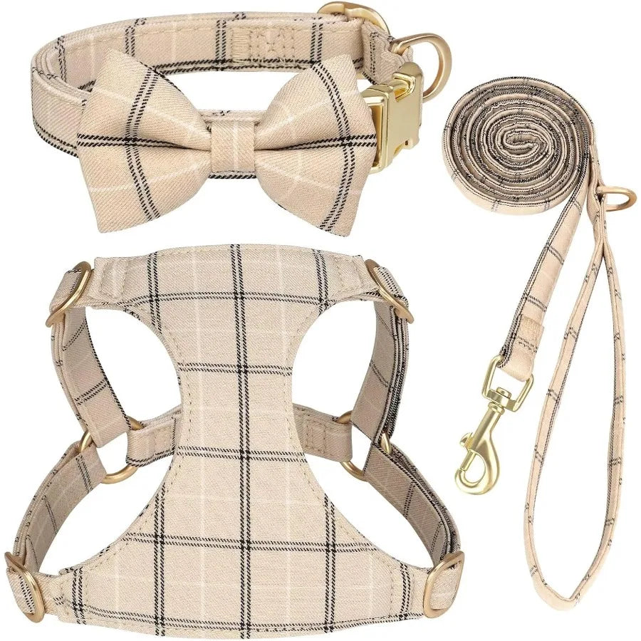 Cute Extra Small Dog Harness Collar And Leash Set With Bow Tie Plaid