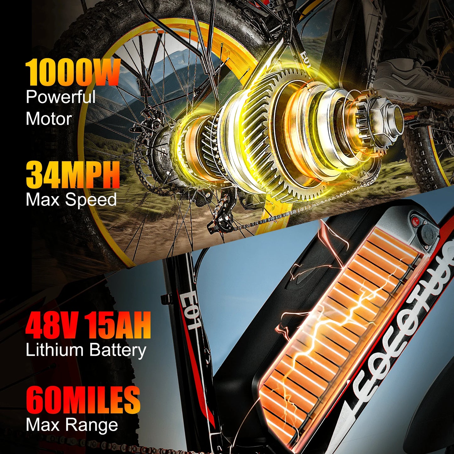 Electric Mountain Ebike 1500W 34MPH 60 Mile Range Fat Tire