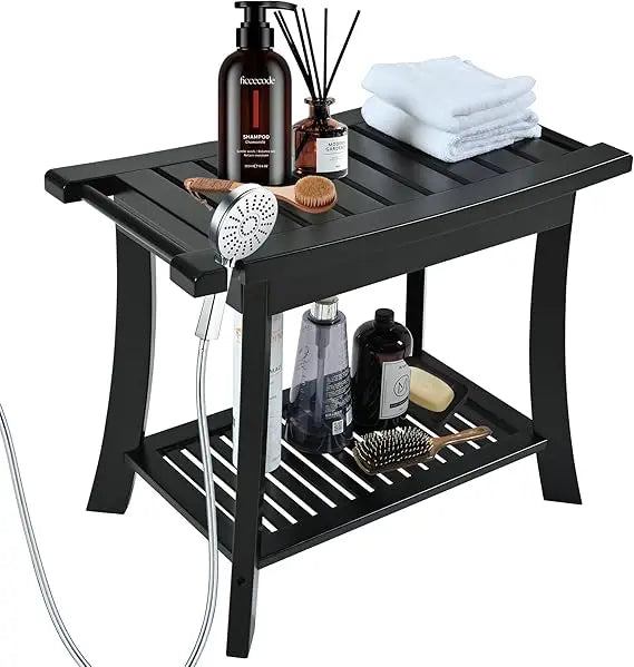 Black Bamboo Shower Bench With Storage Shelf For Indoor Shower Spa Bathroom Stool For Adults