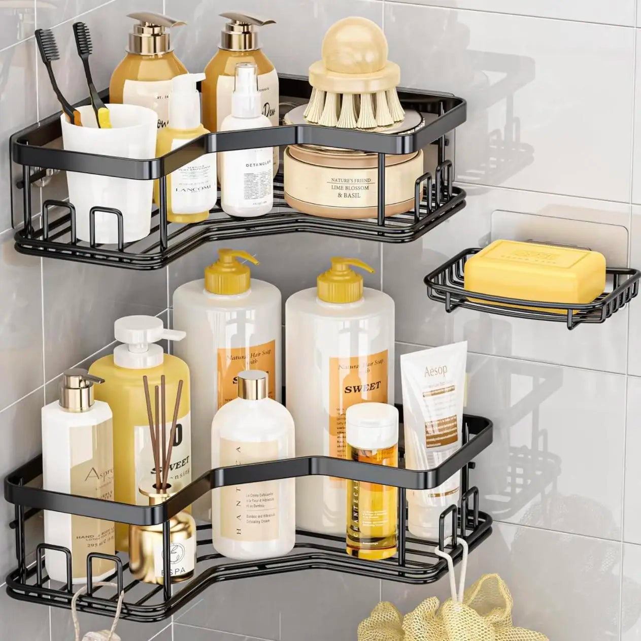 5 Pack Adhesive Shower Caddy Set No Drilling Rustproof Stainless Steel For Bathroom And Kitchen Storage