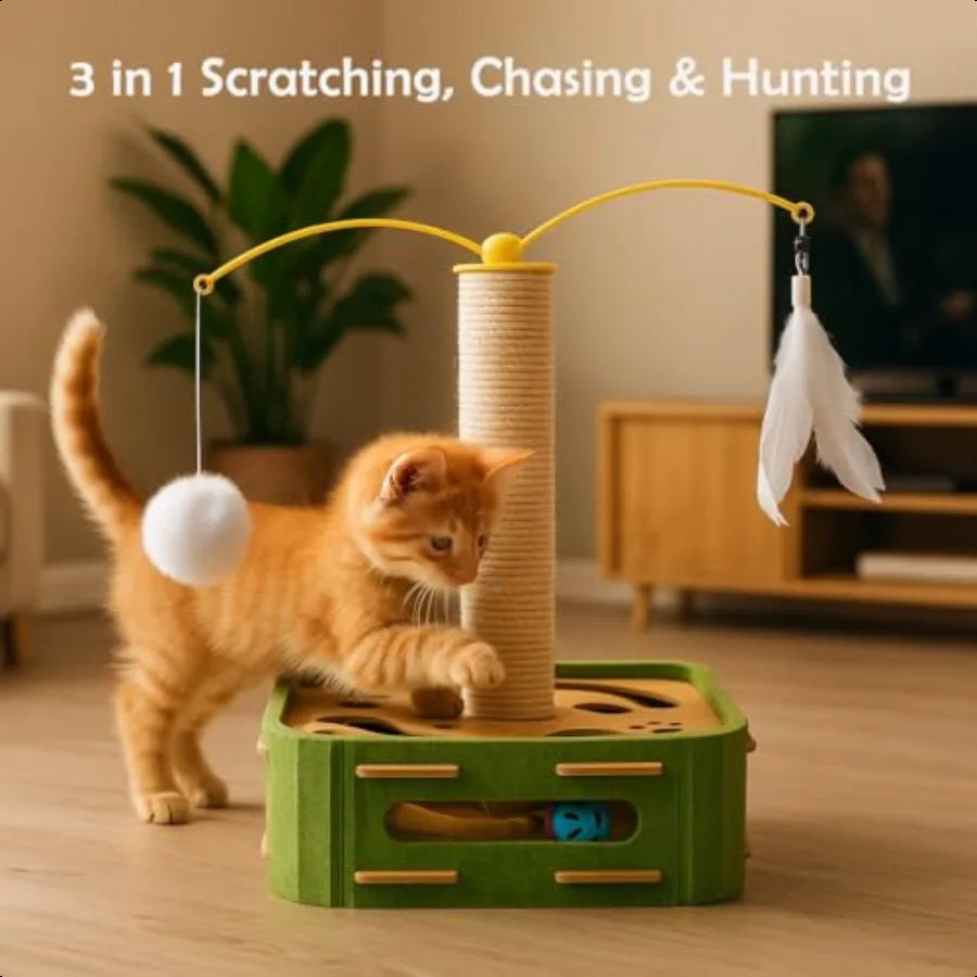 Interactive Cat Puzzle Toy Scratching Post With Spinning Balls For Indoor Cats