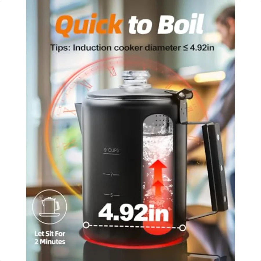 Stainless Steel 9 Cup Coffee Percolator For Stovetop Camping Black Outdoor Home Use No Aluminum Or Plastic