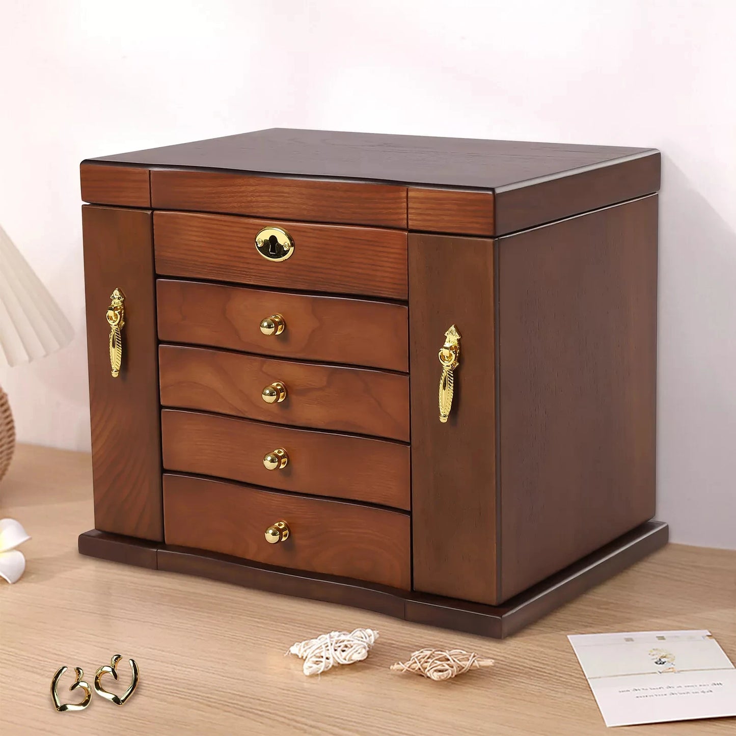 Five Layer Wooden Jewelry Box With Mirror Four Drawers