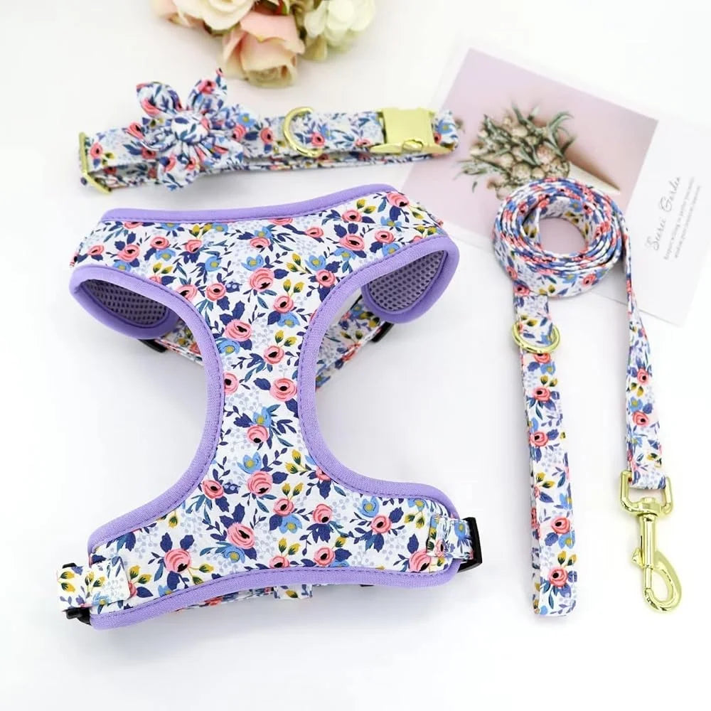 Cute Dog Harness Leash Collar Set Floral Mesh Vest Puppies