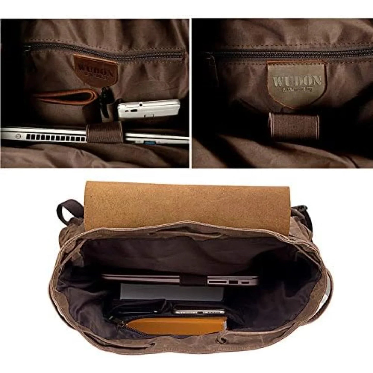 Wudon Leather Backpack Men Waxed Canvas Travel Rucksack