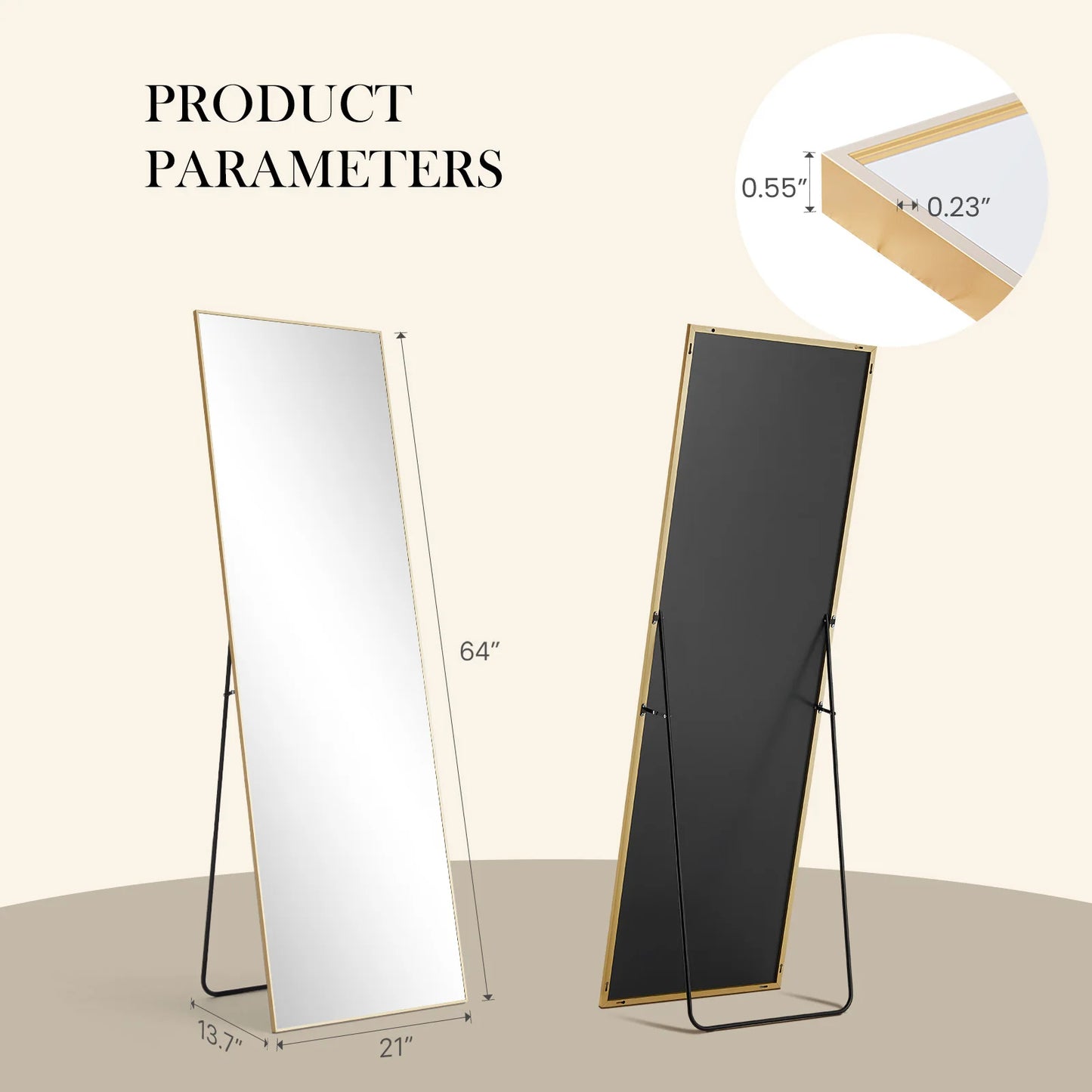JHK Full Length Mirror Aluminum Alloy Frame Standing Or Wall Hanging 59x16 64x21