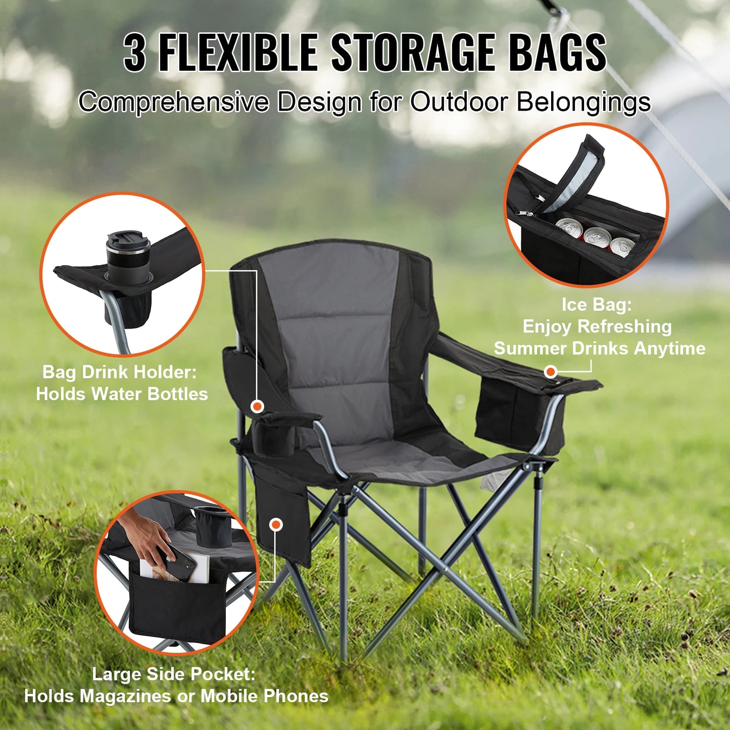 Camping Folding Chair For Adults Portable Quad Lumbar Padded With Side Pockets