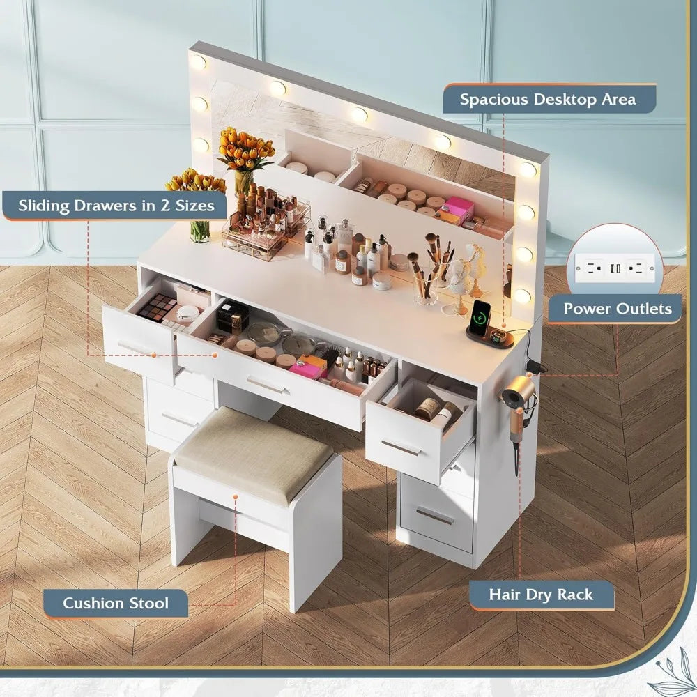Illuminated White Makeup Vanity Desk With Mirror And Seven Drawer Storage And Power Outlet For Bedroom