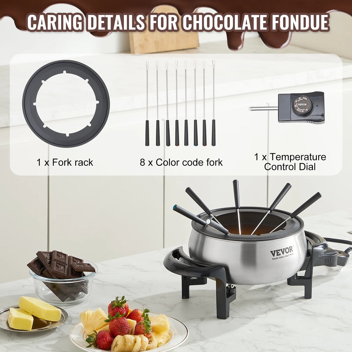 SucceBuy Electric Fondue Pot Set for Cheese & Chocolate 3 Quart Chocolate Melting Stainless Steel Fondue w/ Temperature Control