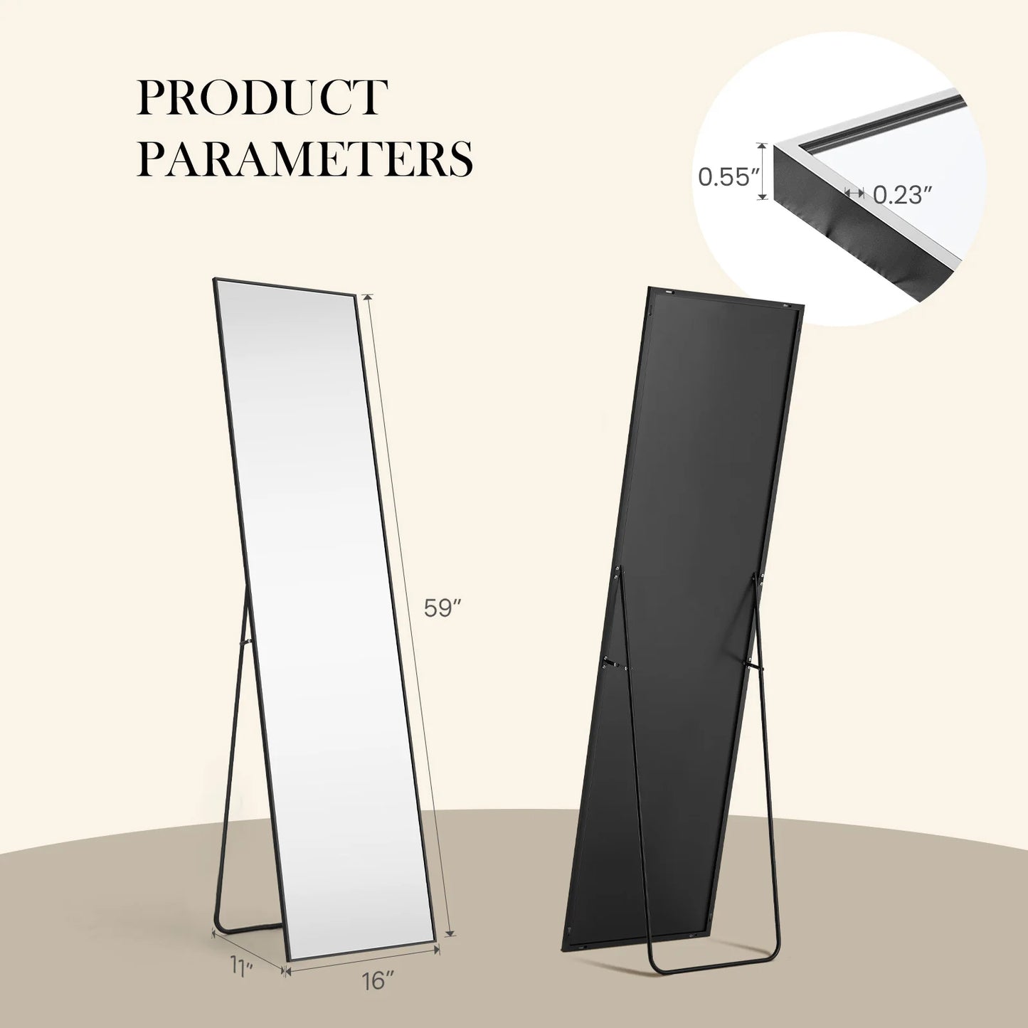 JHK Full Length Mirror Aluminum Alloy Frame Standing Or Wall Hanging 59x16 64x21