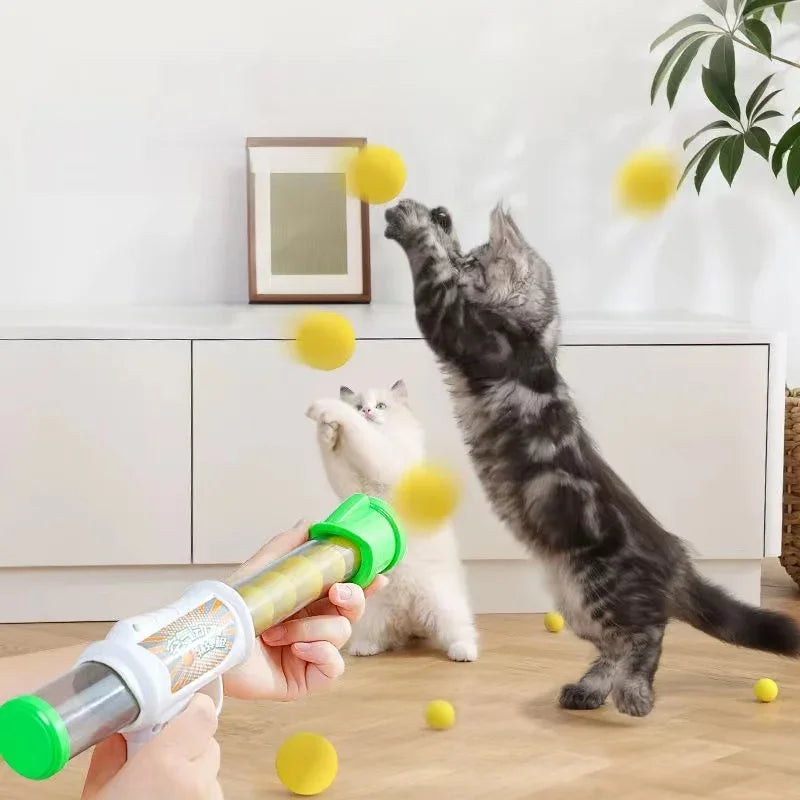 Launch Training Cat Toys Interactive Shooter Gun Teaser Plush Ball Creative Games Stretch Pompoms Kittens Supplies