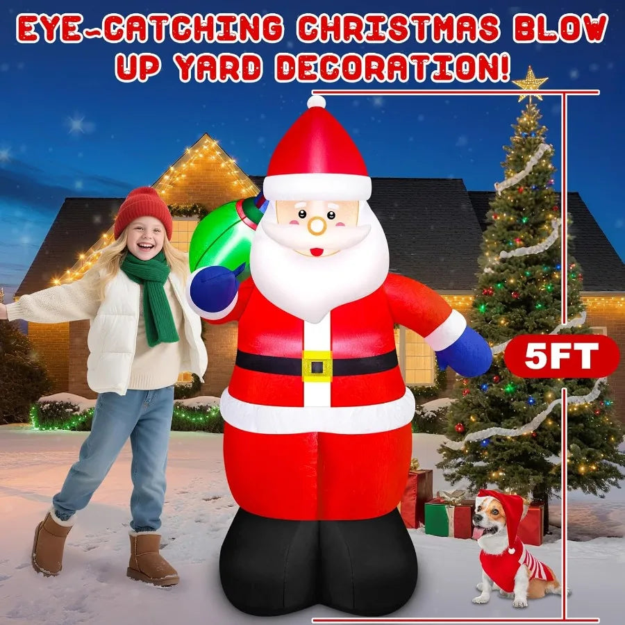 5ft Christmas Inflatable Santa Outdoor Decoration With Gift Bag And LED Lights