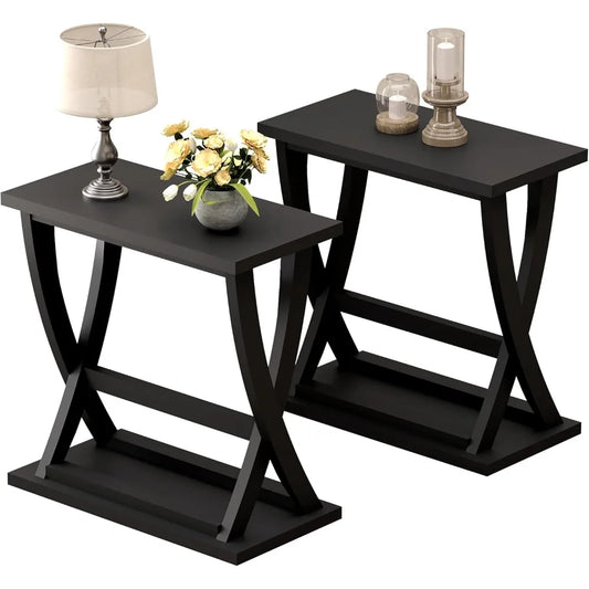 ChooChoo Black End Tables Set Of 2 Slim With Storage Shelf