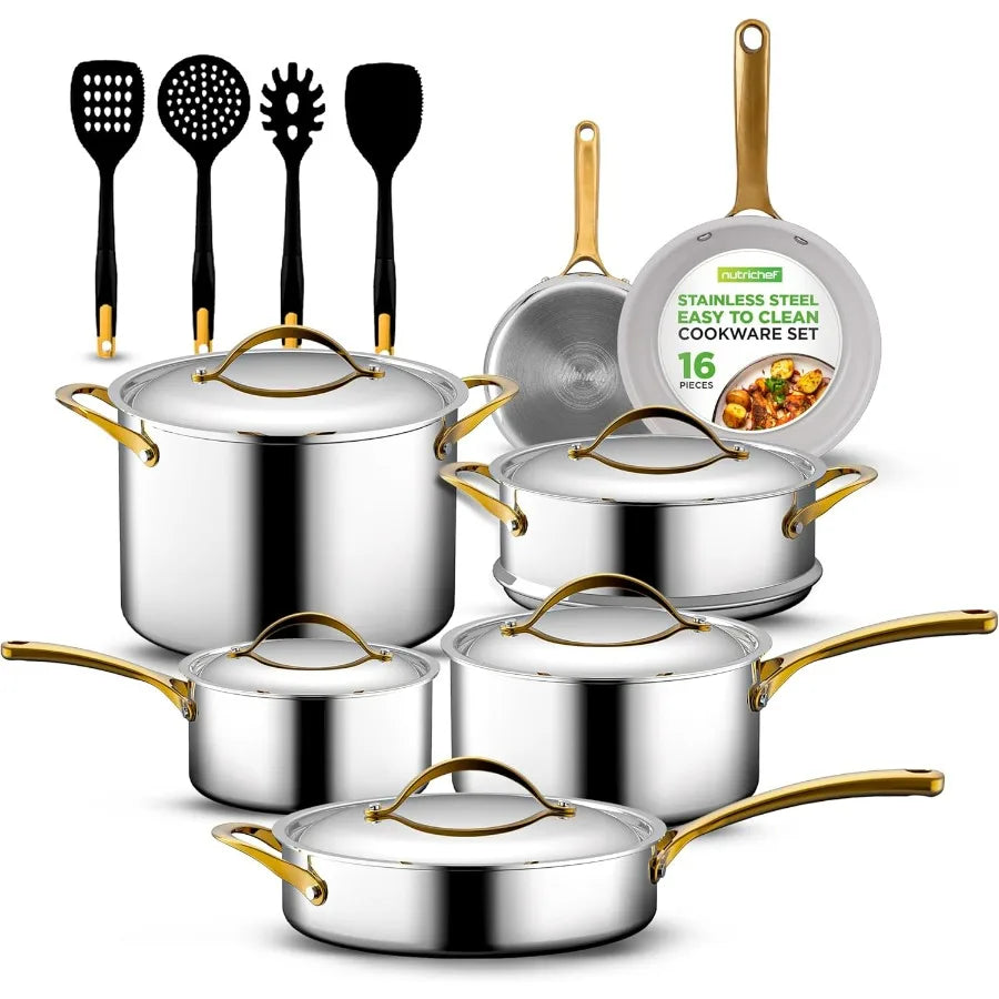 16 Piece Stainless Steel Cookware Set Pots and Pans with Nylon Utensils Nonstick