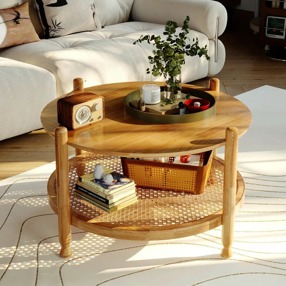 32 Inch Round Rattan Coffee Table Two Tier Storage Shelf