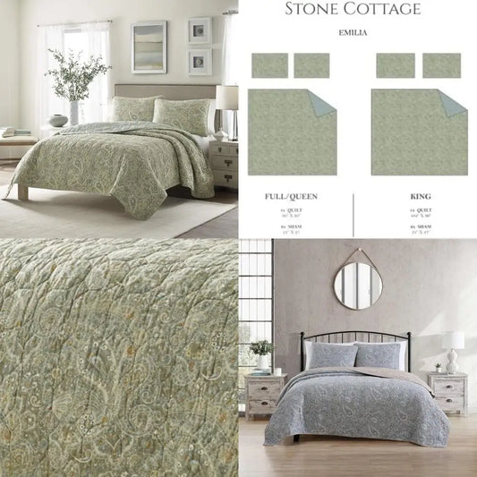 Cotton Reversible Queen Quilt Set with Matching Shams, Emilia Green, Suitable for Full/Queen Beds
