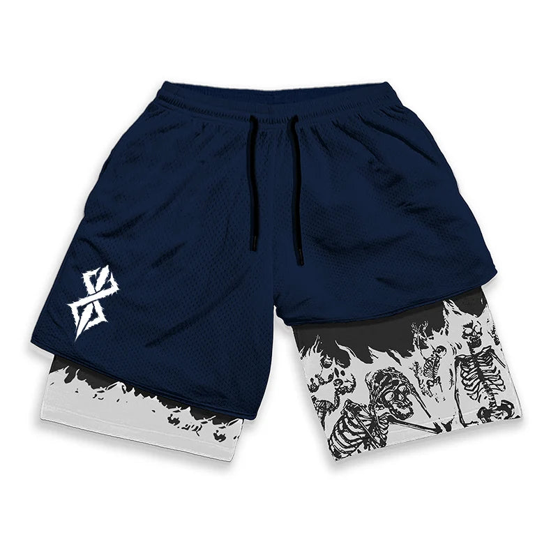 Berserk Skull Print 2 In 1 Running Shorts For Men Quick Dry Gym Activewear