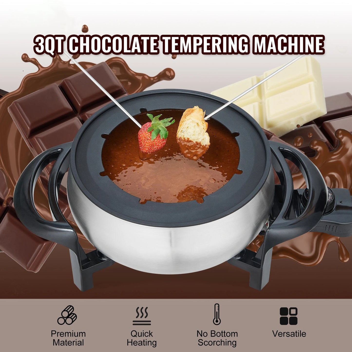 SucceBuy Electric Fondue Pot Set for Cheese & Chocolate 3 Quart Chocolate Melting Stainless Steel Fondue w/ Temperature Control