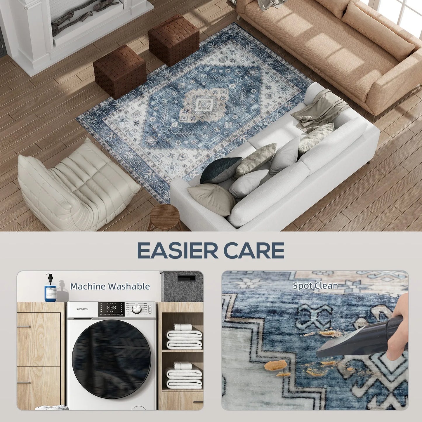 4x6 Foot Vintage Machine Washable Area Rug Blue for Living Room Anti Slip Non Shedding Durable Home Decor