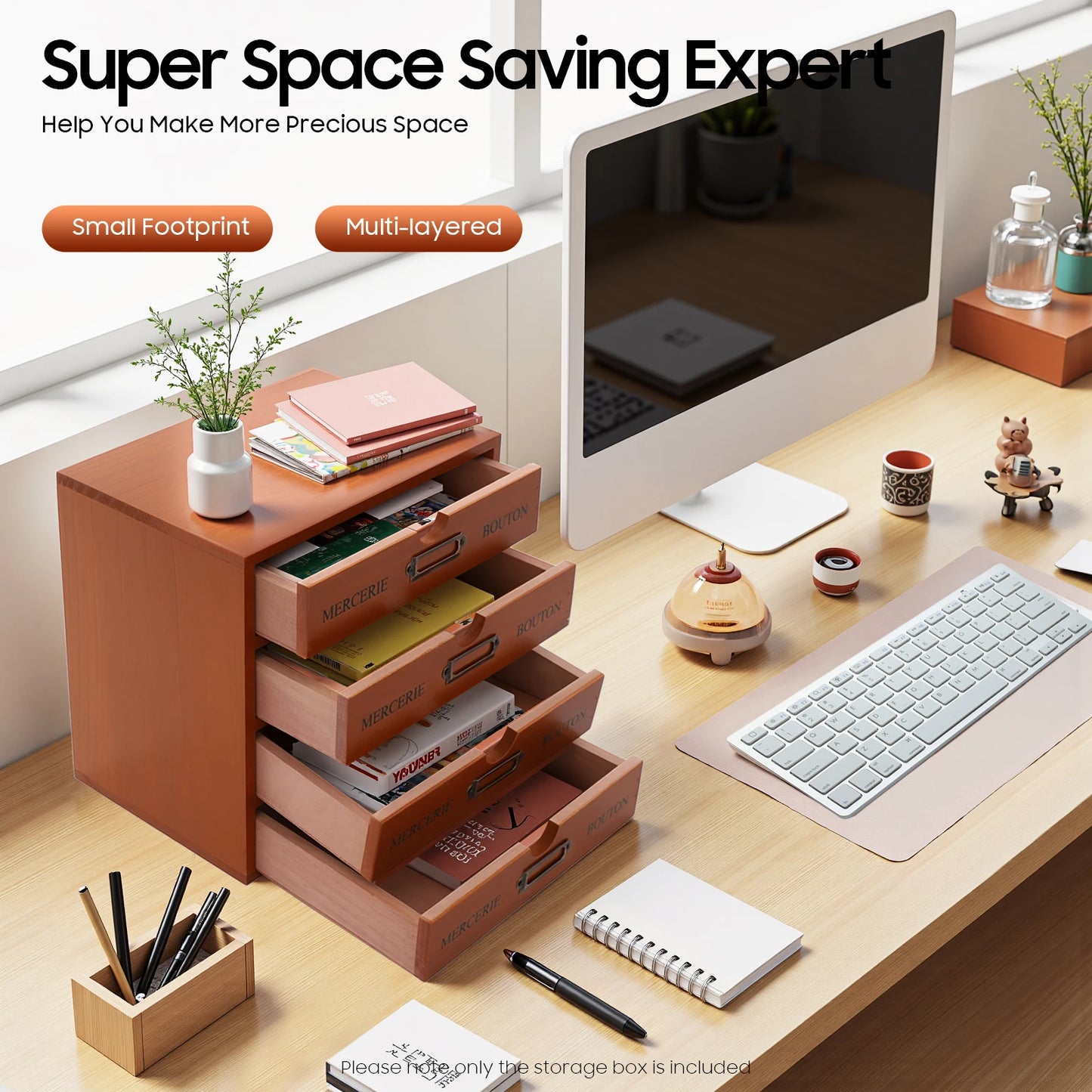 Antique Pine Wood 4 Drawer Desktop Storage Cabinet Unit