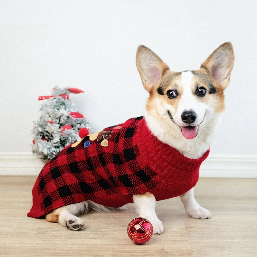 Plaid Knit Dog Sweater Turtleneck Warm Winter Coat For Small Medium Dogs Cats