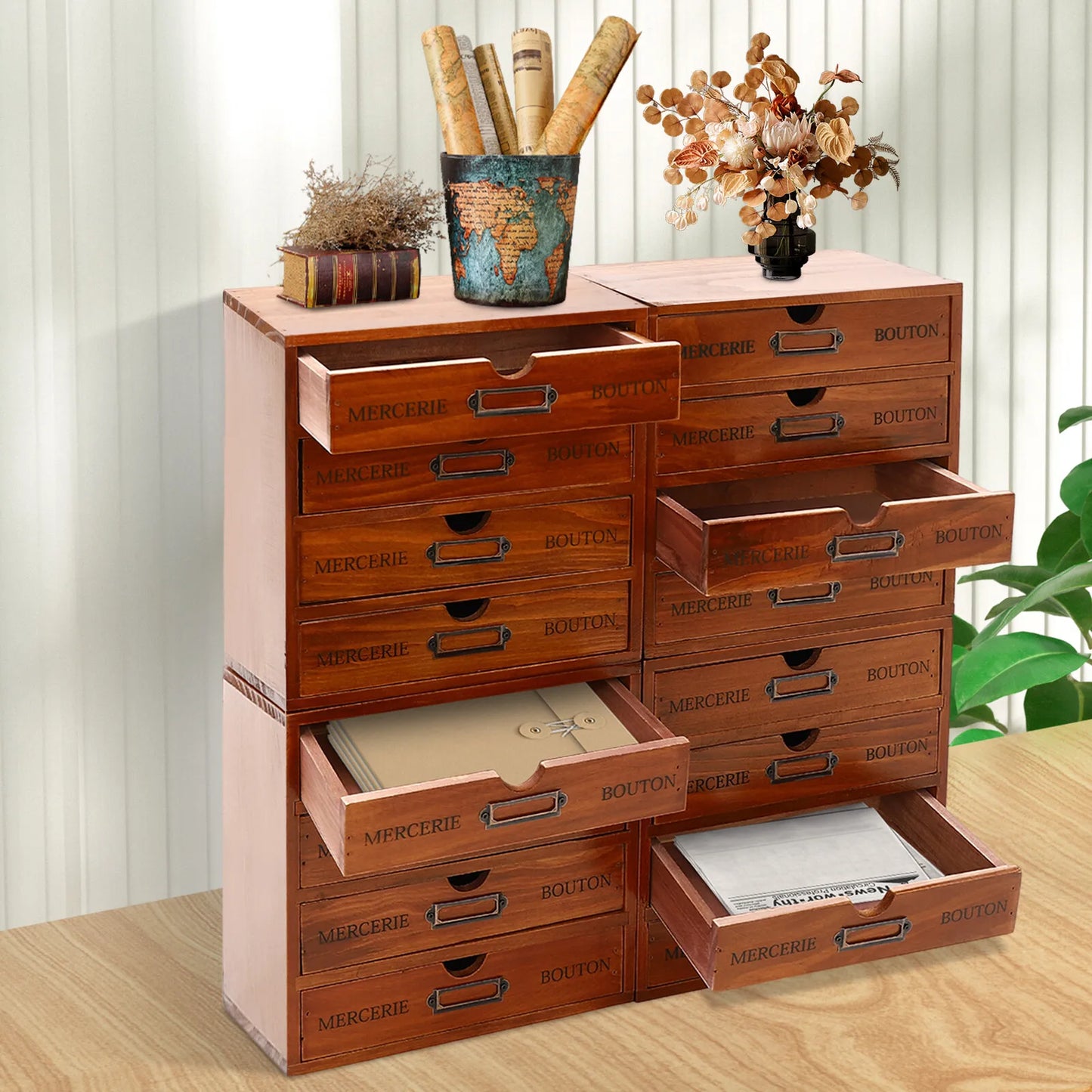 4-Tier 49.8*17.5cm Wooden Desktop Organizer 16 Drawers Drawer Organizer Brown Wooden Storage Box Living Rooms Bedroom