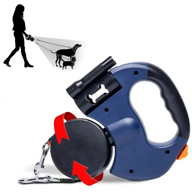 3In1 Double Head Retractable Dog Leash Flashlight Poop Bag Dispenser Reflective