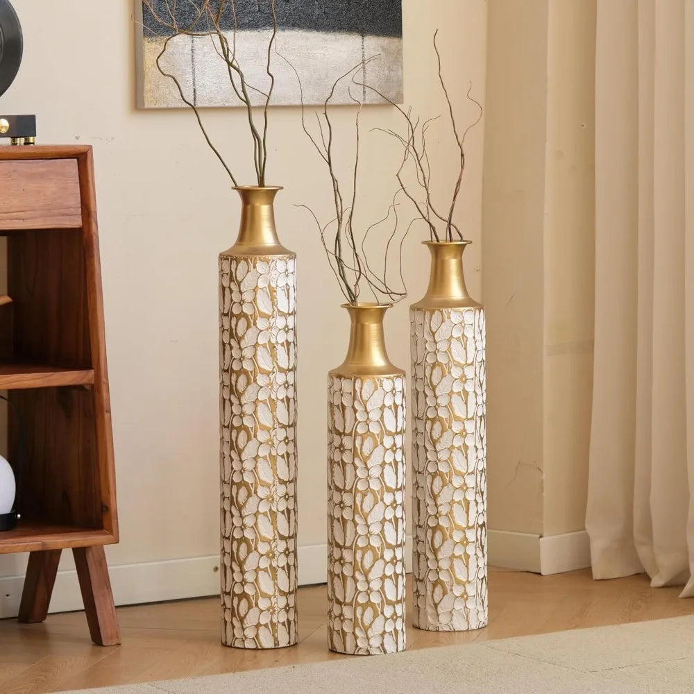 Gold Metal Vase Set of 3 Centerpiece Vases for Living Room