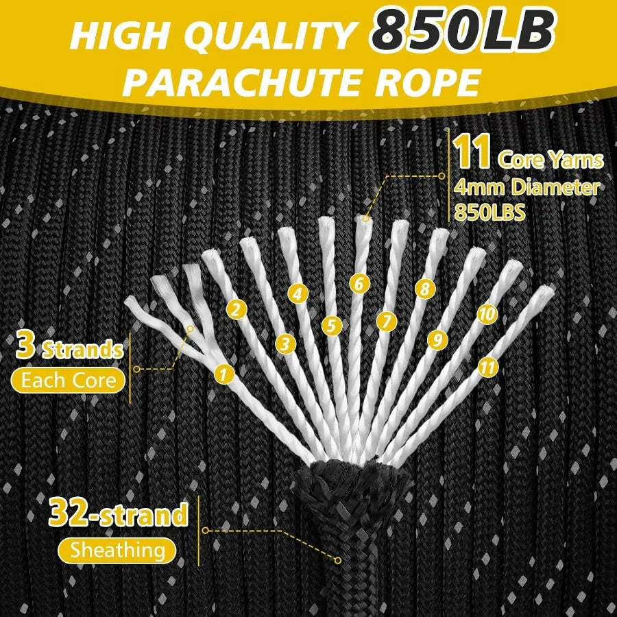 Reflective Paracord Rope 850Lb 1000ft 4mm 11 Strand Para Cord for Camping Tent
