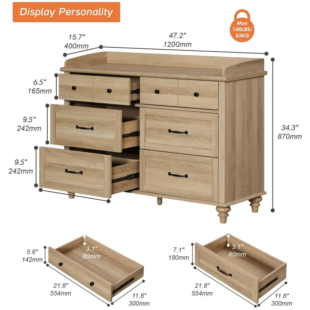 Wood Kids Dresser Six Drawer Changing Table Nursery Chest