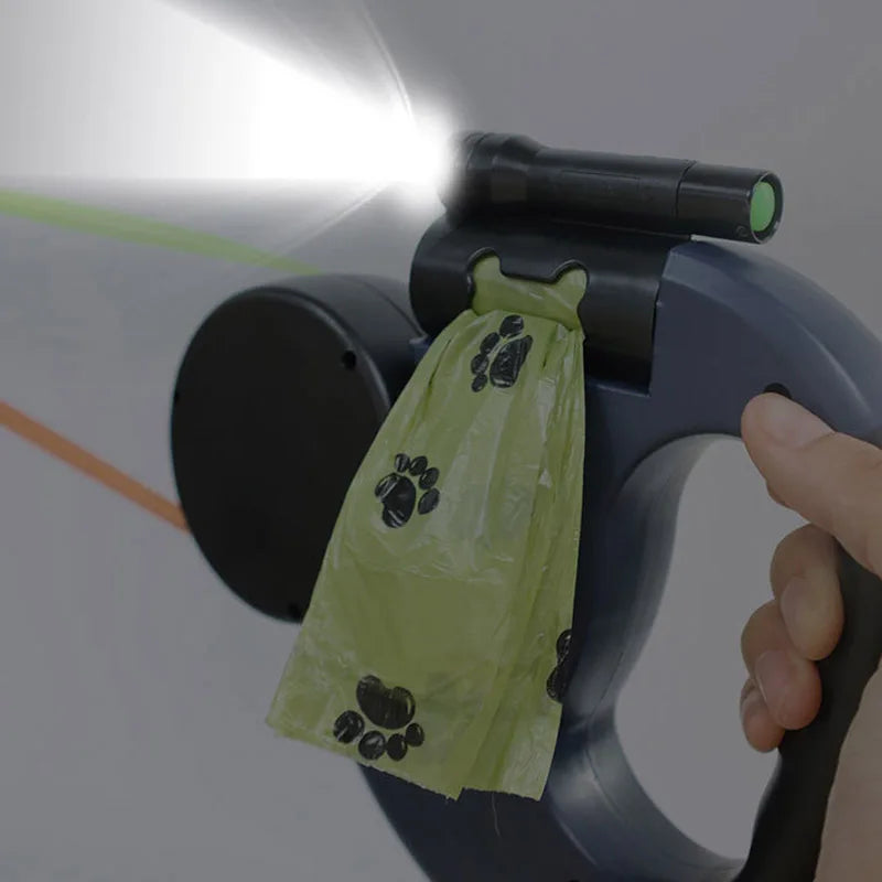 3In1 Double Head Retractable Dog Leash Flashlight Poop Bag Dispenser Reflective