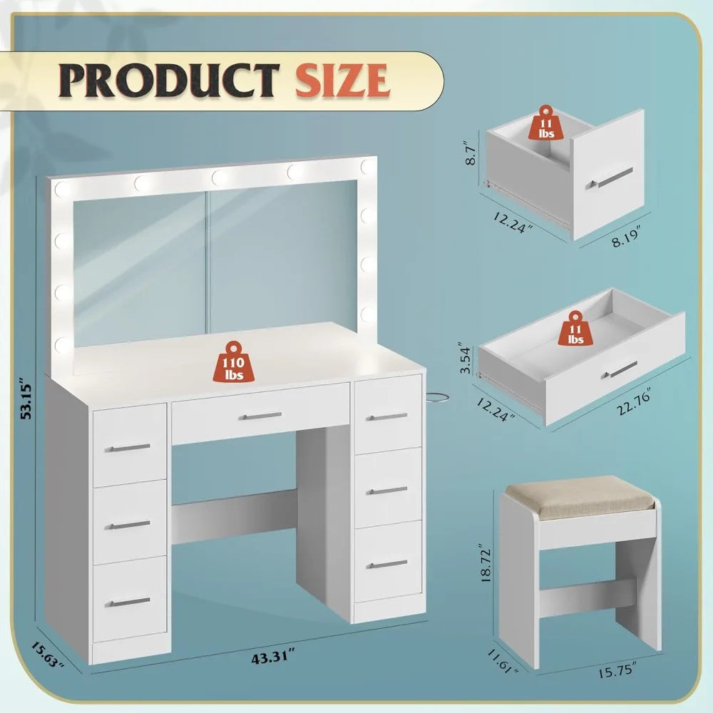 Illuminated White Makeup Vanity Desk With Mirror And Seven Drawer Storage And Power Outlet For Bedroom