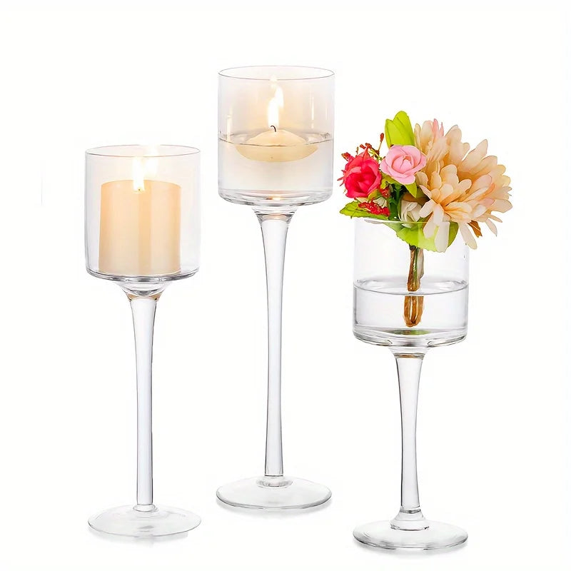 Set Of 3 Glass Tall Tea Light Holders Elegant Clear