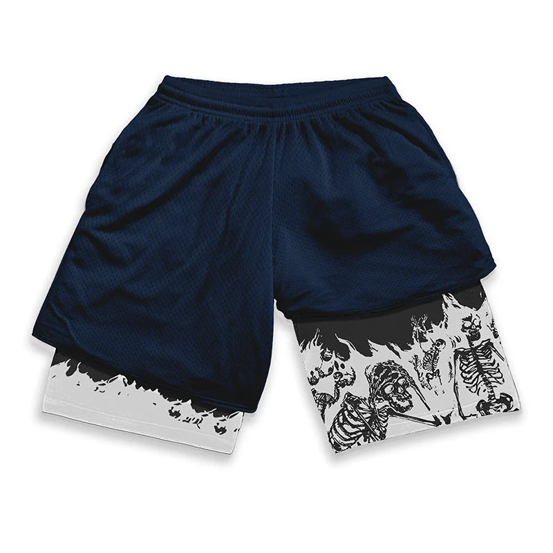 Berserk Skull Print 2 In 1 Running Shorts For Men Quick Dry Gym Activewear