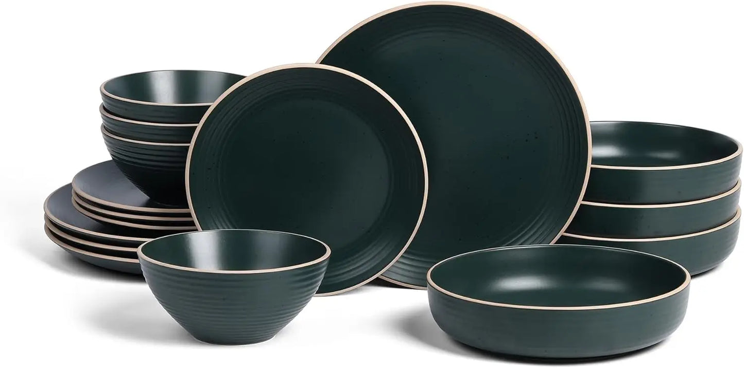 Lauren Modern Stoneware 16-piece Round Dinnerware Set, Plates and Bowls Set, Dish set for 4, Dark Green