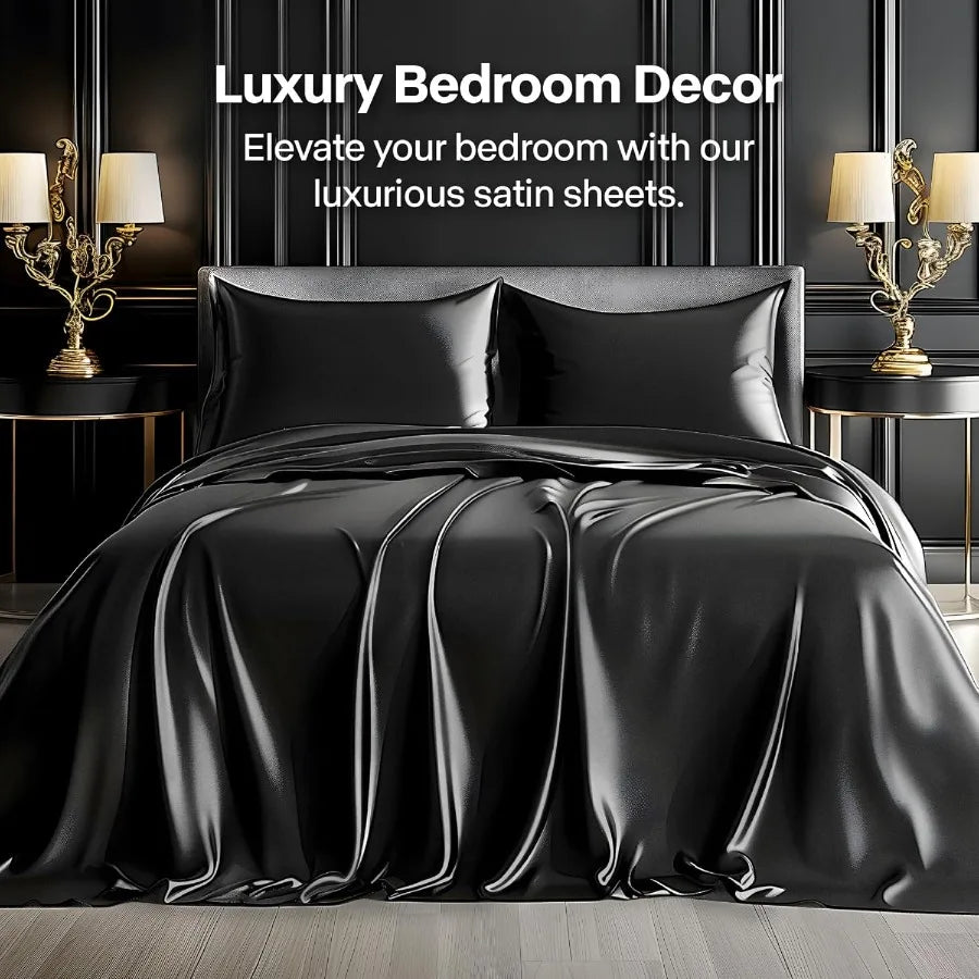 Luxury Soft Black Satin Sheets Queen Size 4 Piece Set