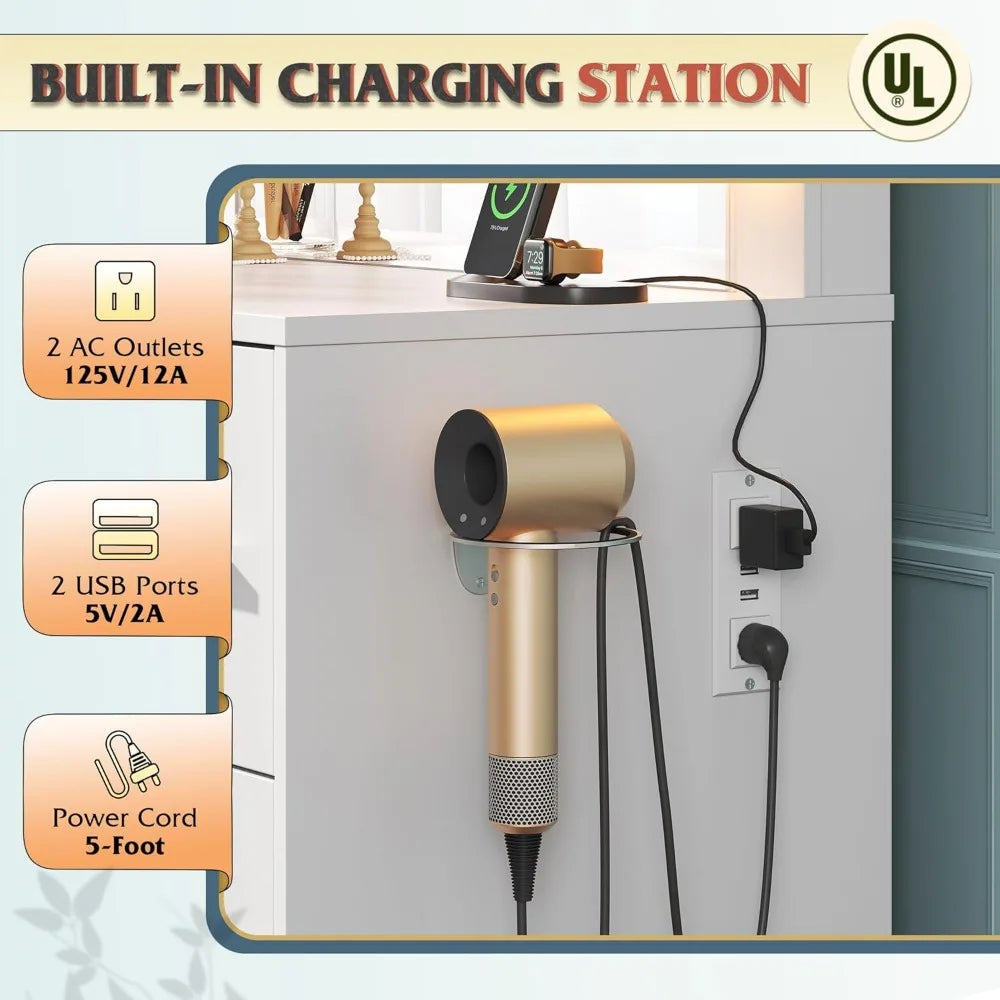 Illuminated White Makeup Vanity Desk With Mirror And Seven Drawer Storage And Power Outlet For Bedroom