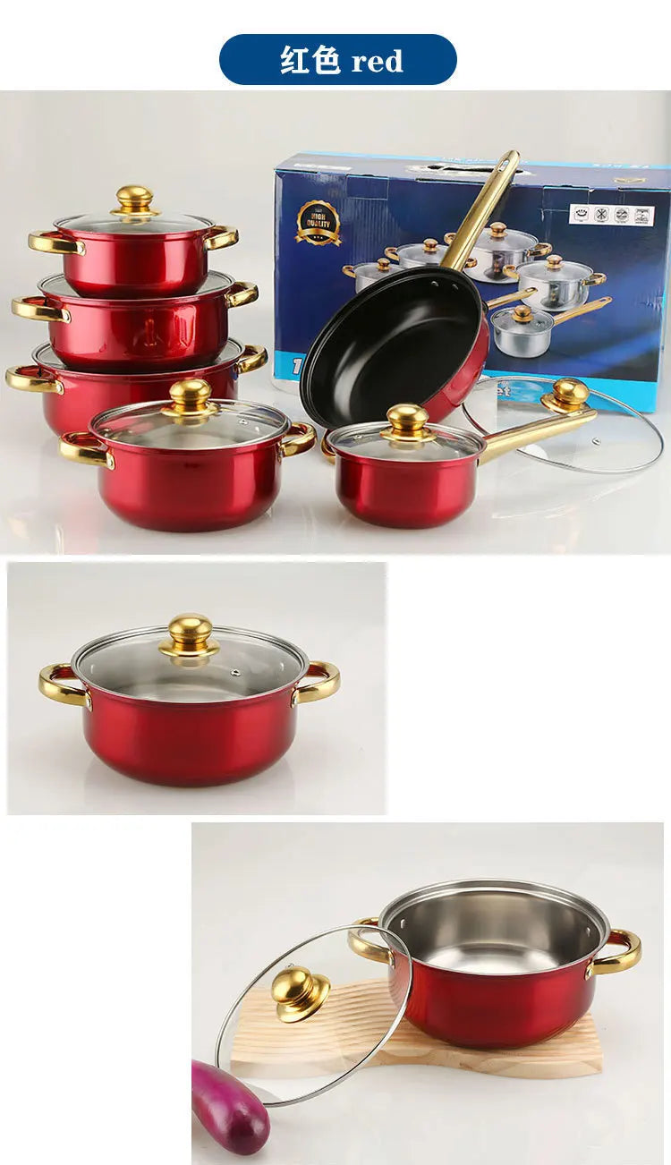 Stainless Steel Colored Cookware Set With Nonstick Pans And Gold Plated Handles For Soup Pots And Milk Pots Kitchenware
