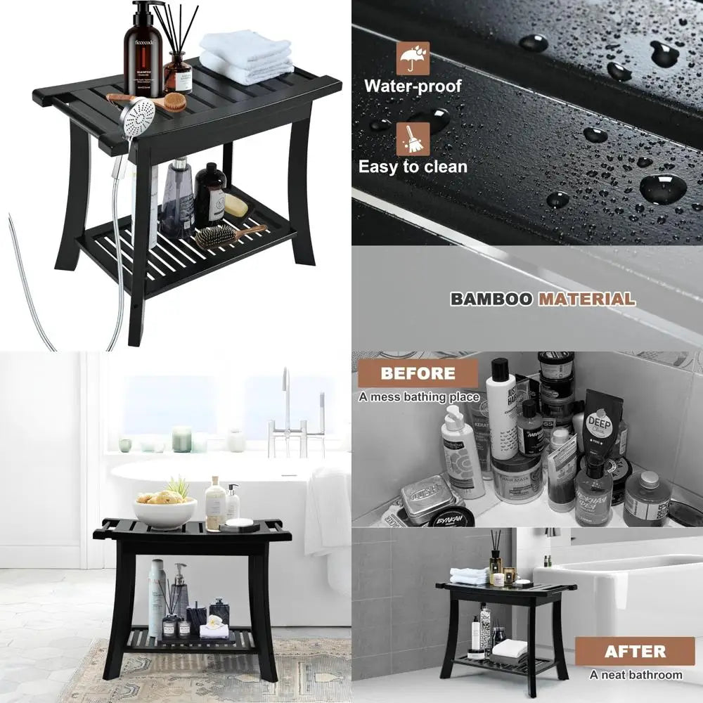 Black Bamboo Shower Bench With Storage Shelf For Indoor Shower Spa Bathroom Stool For Adults