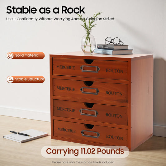 Antique Pine Wood 4 Drawer Desktop Storage Cabinet Unit